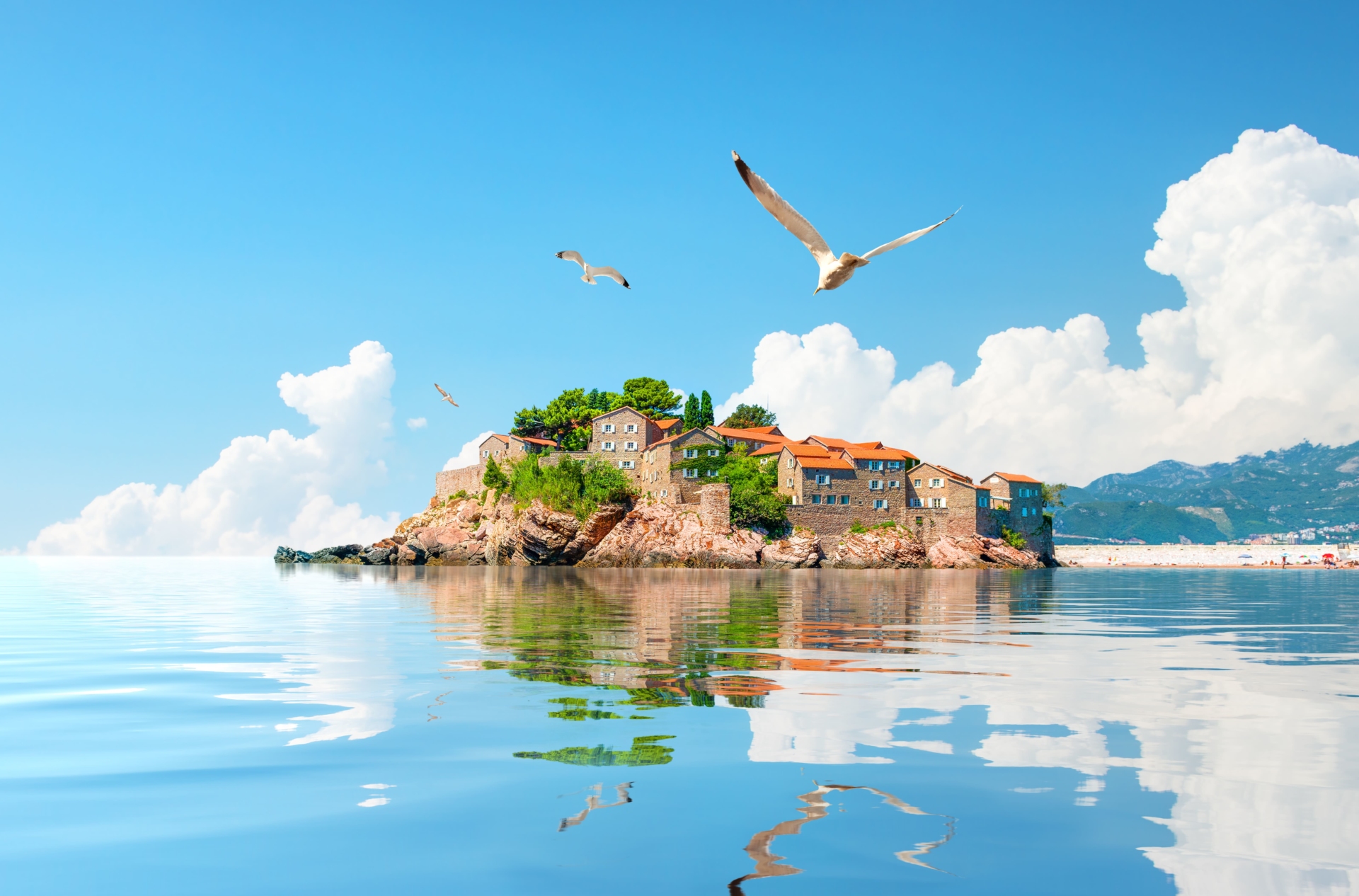sveti stefan et oiseaux qui volent autour